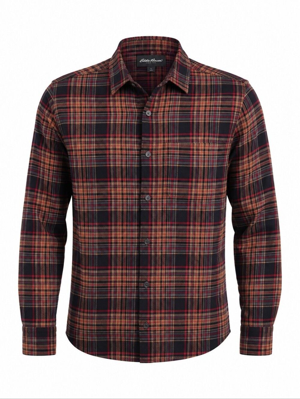 Men's Flannel Shirt Plaid Eddie Bauer Red Black Tan Size L Gorpcore Hiking